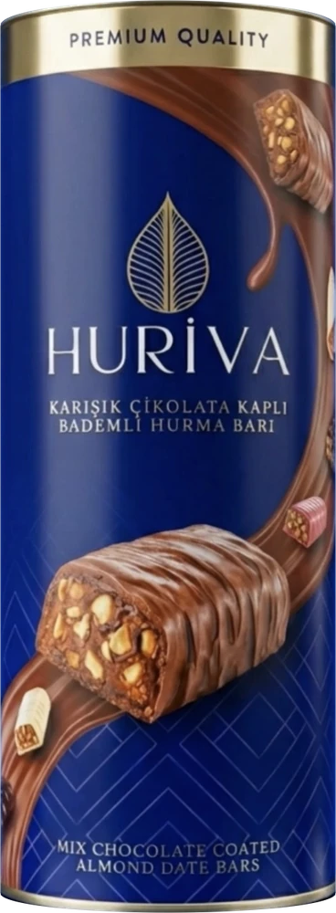 Lacivert silindir kutu: karışık çikolata kaplı bademli hurma barı