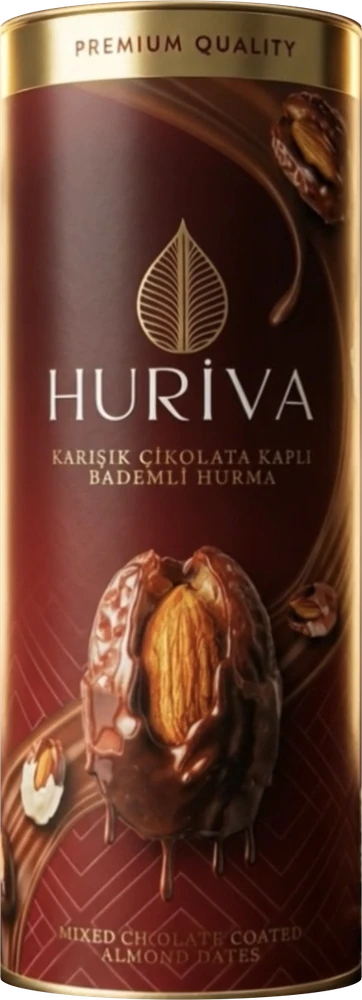 Bordo silindir kutu: karışık çikolata kaplı bademli hurma